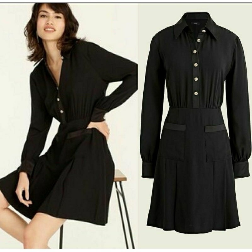 J. Crew Black Crepe Pleated Button front Shirt Dress Sz 4